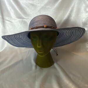 Blue Wide Brim Floppy Summer Hat with Wood Beads